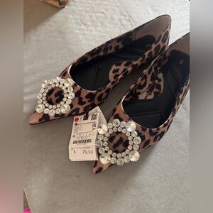 Zara Leopard Print Pointed Flats with Crystal Circle Buckle